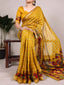 Mustard Printed Chanderi Saree with Zari Weaving Work Polyester Viscose Clothsvilla