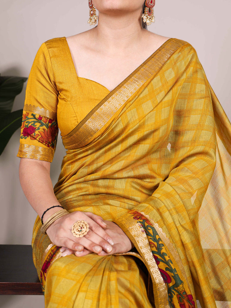 Mustard Printed Chanderi Saree with Zari Weaving Work Polyester Viscose Clothsvilla