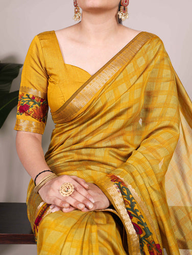 Mustard Printed Chanderi Saree with Zari Weaving Work Polyester Viscose Clothsvilla