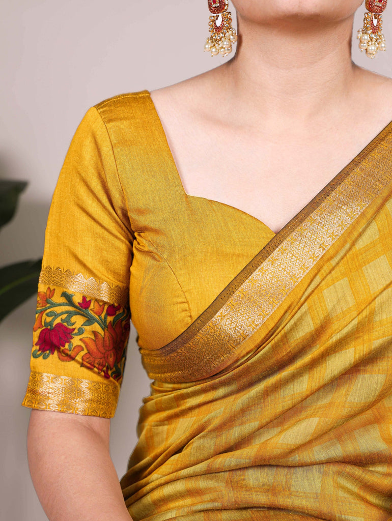 Mustard Printed Chanderi Saree with Zari Weaving Work Polyester Viscose Clothsvilla