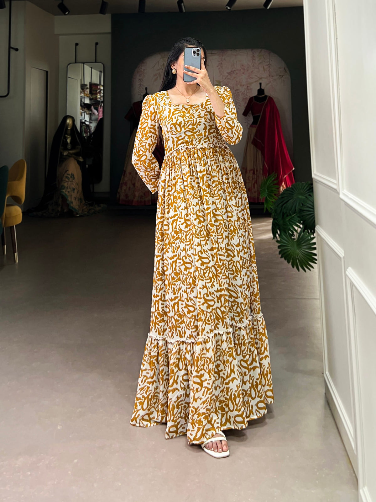 Mustard Printed Georgette Flowy Gown with Full Cotton Lining – Lightweight Elegance Main image