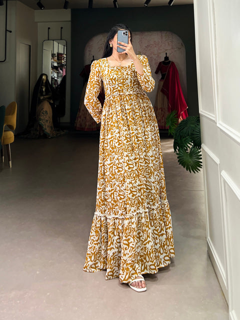 Mustard Printed Georgette Flowy Gown with Full Cotton Lining – Lightweight Elegance Main image