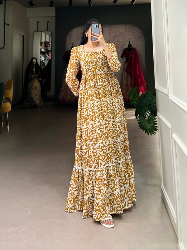 Mustard Printed Georgette Flowy Gown with Full Cotton Lining – Lightweight Elegance