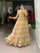 Load image into Gallery viewer, Mustard Printed Georgette Flowy Gown with Full Cotton Lining – Lightweight Elegance