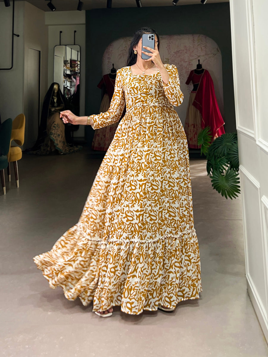 Mustard Printed Georgette Flowy Gown with Full Cotton Lining  Lightweight Elegance XL