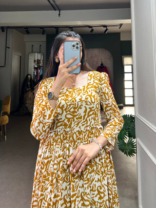 Mustard Printed Georgette Flowy Gown with Full Cotton Lining – Lightweight Elegance