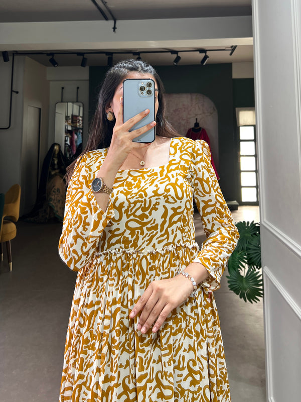 Mustard Printed Georgette Flowy Gown with Full Cotton Lining – Lightweight Elegance