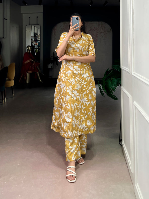 Mustard Printed Top & Bottom Set Clothsvilla