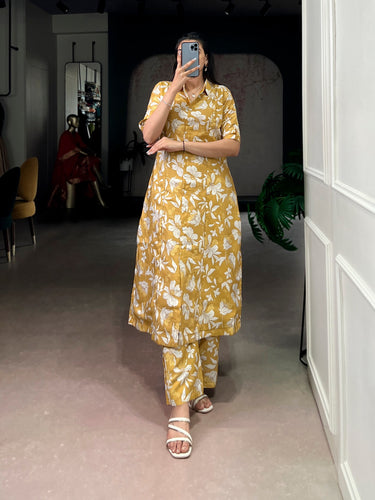 Mustard Printed Top & Bottom Set Clothsvilla