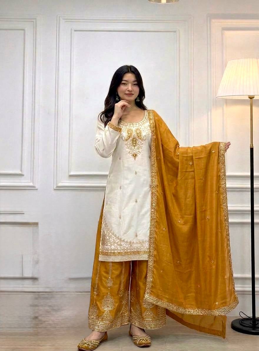 Mustard Pure Chinon Silk Palazzo Suit ClothsVilla