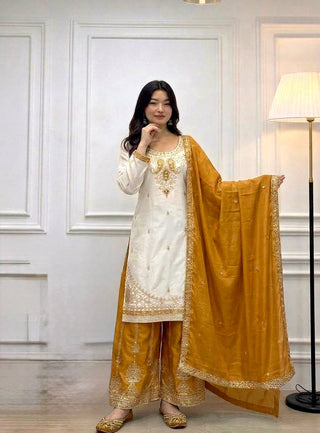 Mustard Pure Chinon Silk Palazzo Suit ClothsVilla