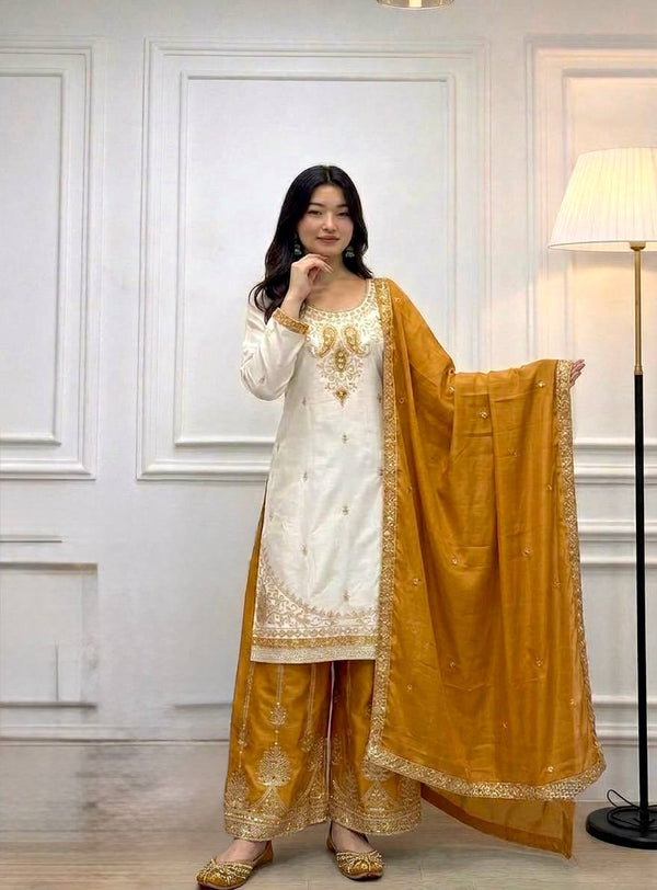 Mustard Pure Chinon Silk Palazzo Suit ClothsVilla