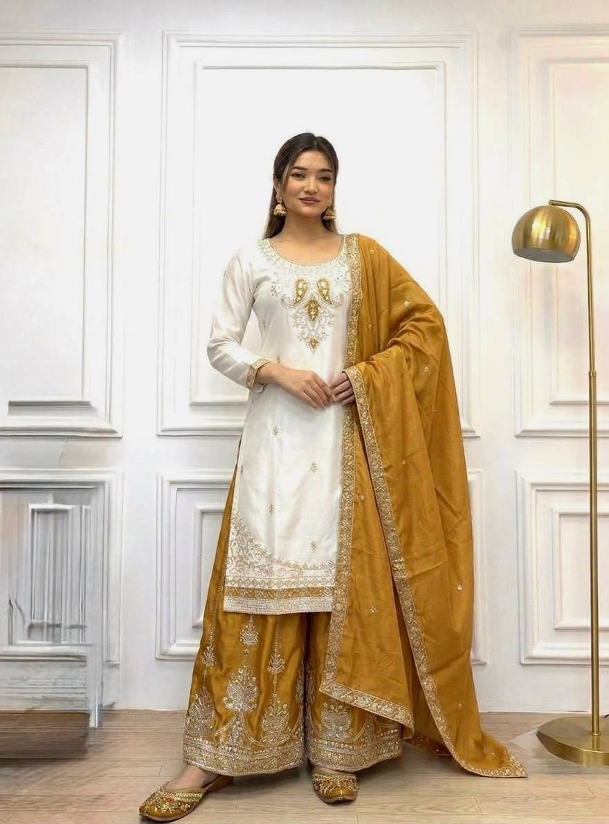 Mustard Pure Chinon Silk Palazzo Suit ClothsVilla