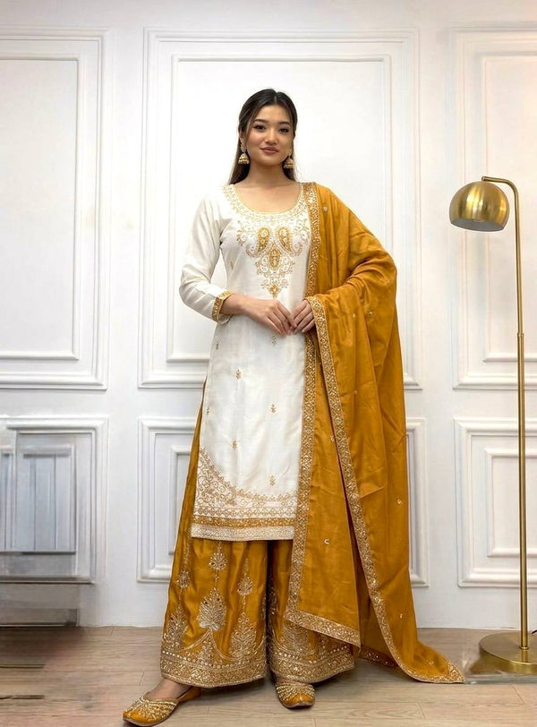Mustard Pure Chinon Silk Palazzo Suit ClothsVilla