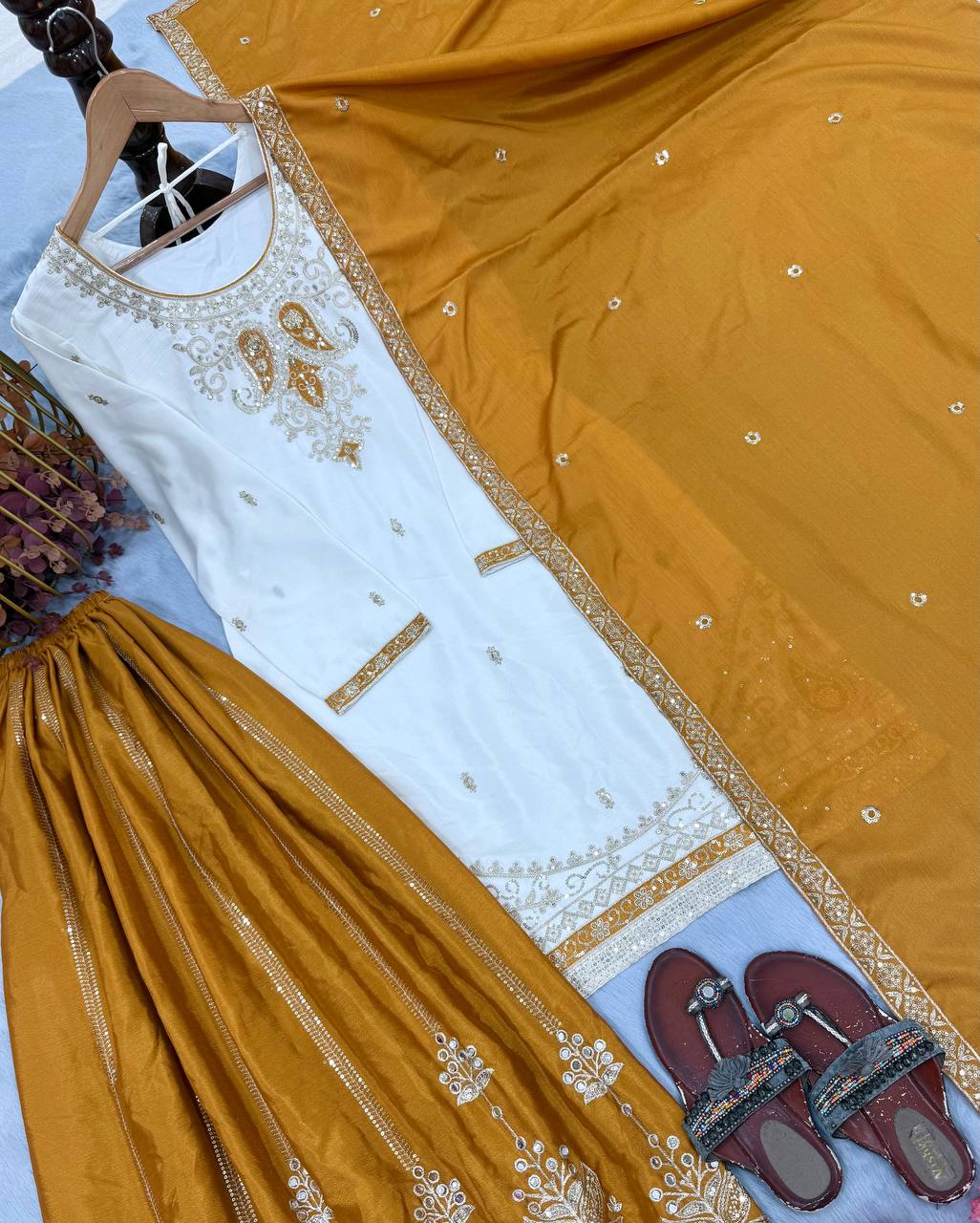 Mustard Pure Chinon Silk Palazzo Suit ClothsVilla