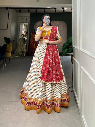 Mustard Pure Cotton Lehenga Choli Set with Laheriya Print ClothsVilla