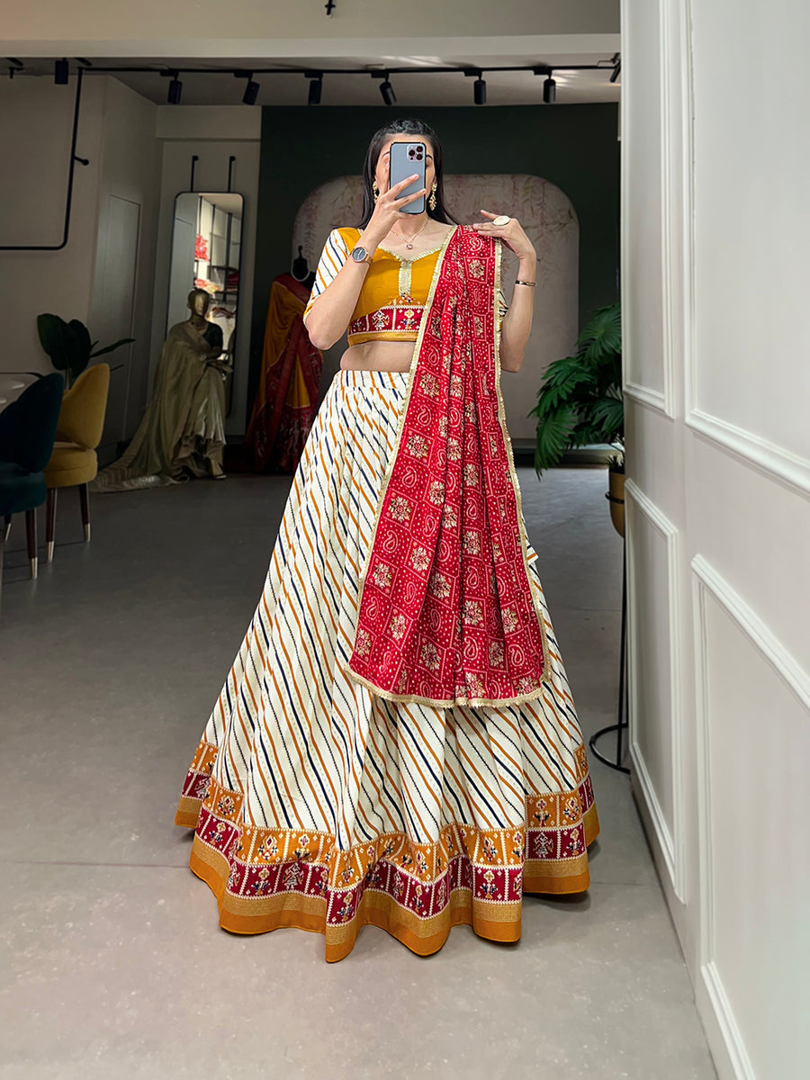 Mustard Pure Cotton Lehenga Choli Set with Laheriya Print ClothsVilla