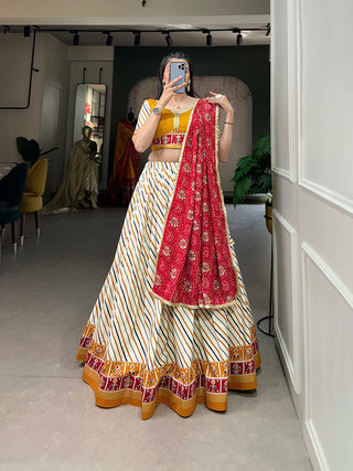 Mustard Pure Cotton Lehenga Choli Set with Laheriya Print ClothsVilla