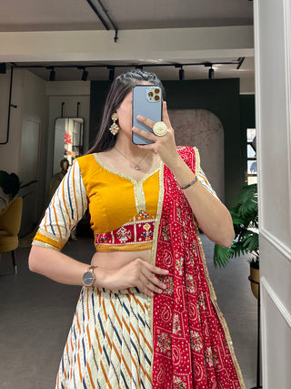 Mustard Pure Cotton Lehenga Choli Set with Laheriya Print ClothsVilla