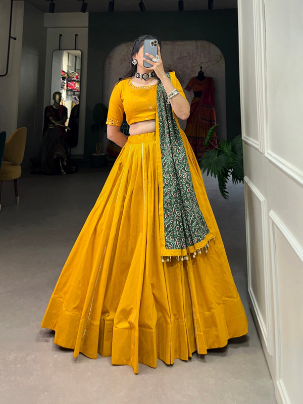 Mustard Pure Cotton Lehenga Choli Set with Purse ClothsVilla