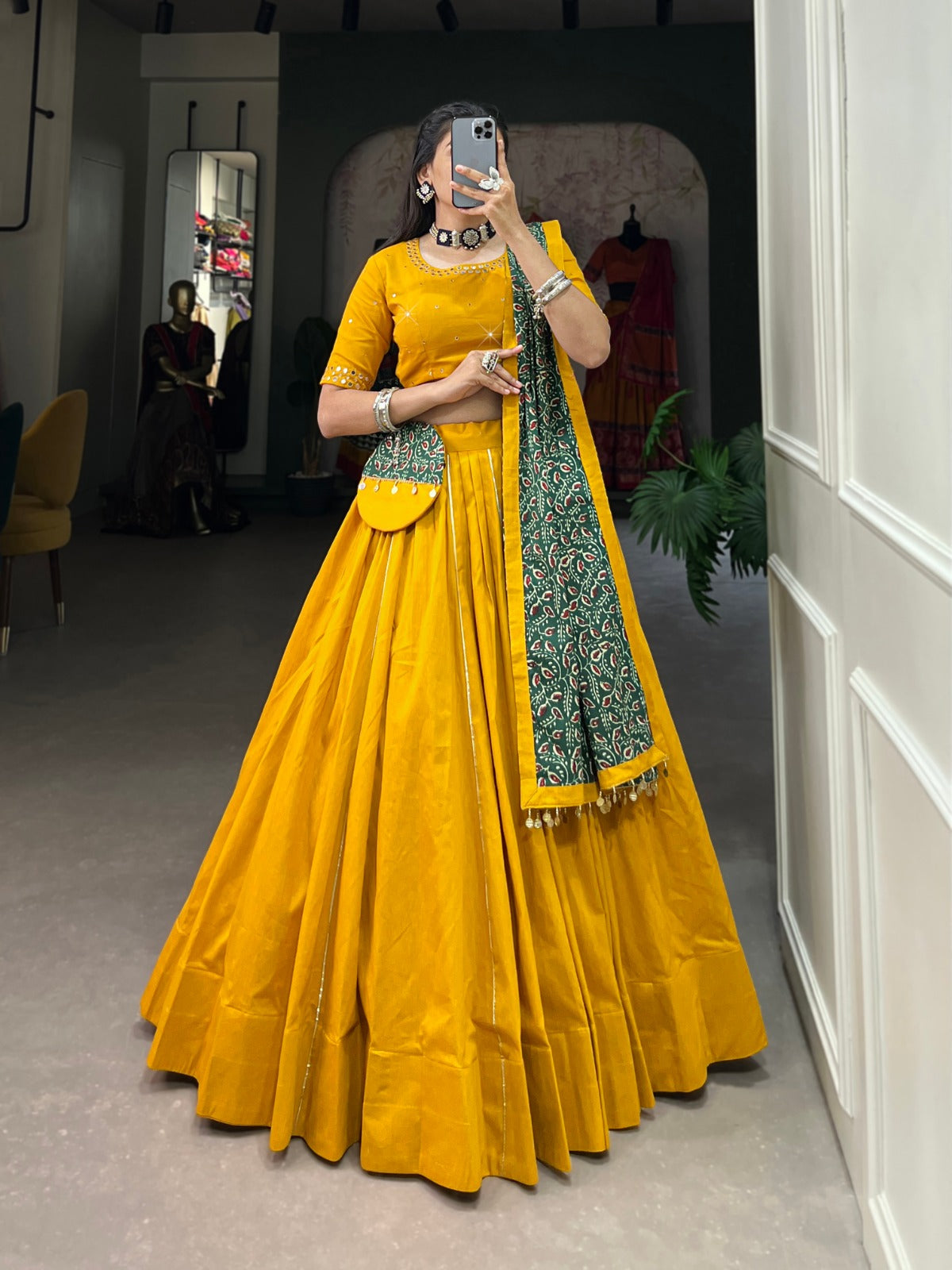 Mustard Pure Cotton Lehenga Choli Set with Purse ClothsVilla Main image