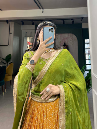 Mustard Pure Viscose Jacquard Lehenga Choli with Zardosi Work ClothsVilla