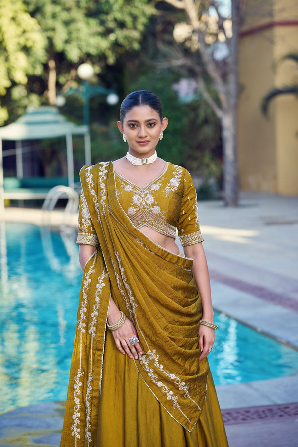 Mustard Rangoli Crush Lehenga ClothsVilla