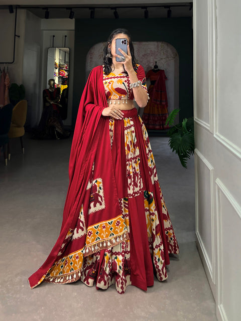 Mustard Rayon Printed Silk Lehenga Choli with Gota Patti & Cowrie Detailing ClothsVilla Main image