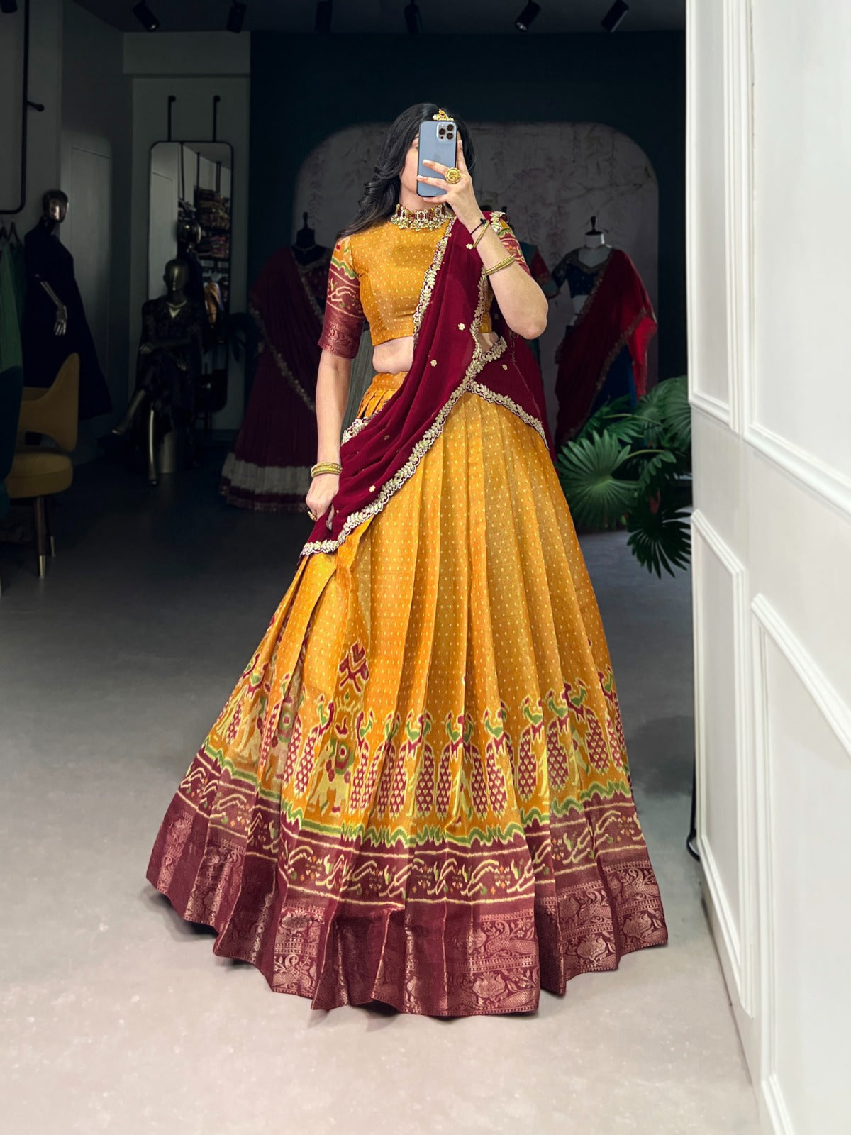 Mustard Regal Kanchipuram Zari Woven Lehenga Set with Embroidered Georgette Dupatta – Stitched Lehenga & Unstitched Blouse Clothsvilla