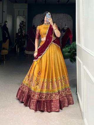 Mustard Regal Kanchipuram Zari Woven Lehenga Set with Embroidered Georgette Dupatta – Stitched Lehenga & Unstitched Blouse Clothsvilla
