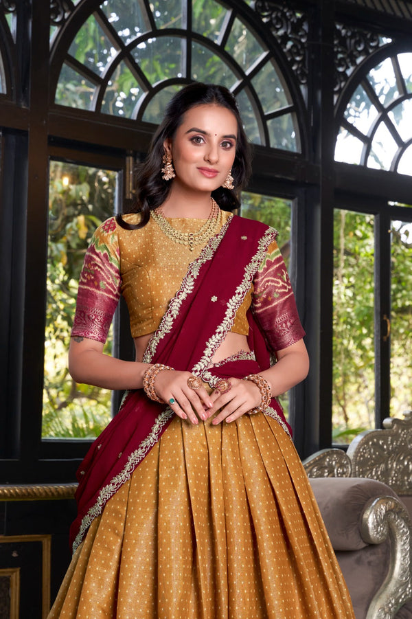 Mustard Regal Kanchipuram Zari Woven Lehenga Set with Embroidered Georgette Dupatta – Stitched Lehenga & Unstitched Blouse Clothsvilla