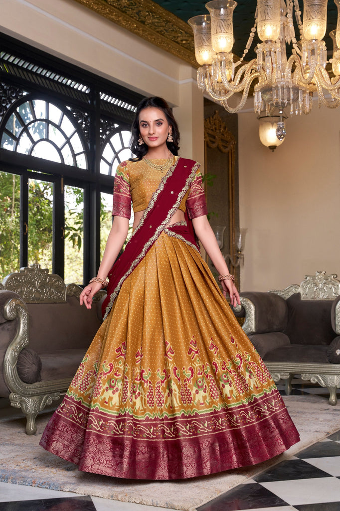 Mustard Regal Kanchipuram Zari Woven Lehenga Set with Embroidered Georgette Dupatta – Stitched Lehenga & Unstitched Blouse Clothsvilla