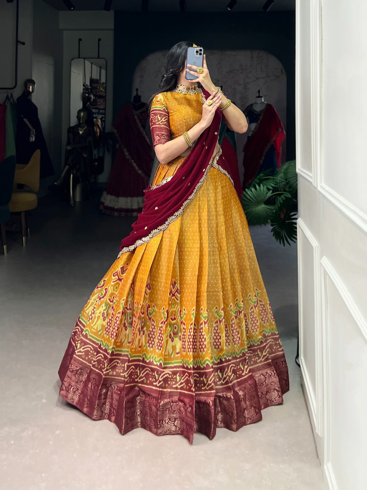 Mustard Regal Kanchipuram Zari Woven Lehenga Set with Embroidered Georgette Dupatta – Stitched Lehenga & Unstitched Blouse Clothsvilla