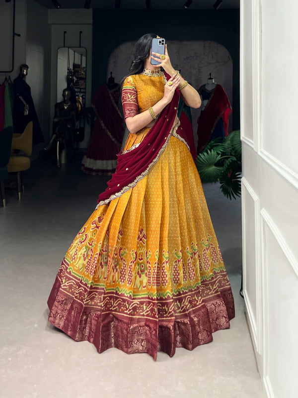 Mustard Regal Kanchipuram Zari Woven Lehenga Set with Embroidered Georgette Dupatta – Stitched Lehenga & Unstitched Blouse Clothsvilla