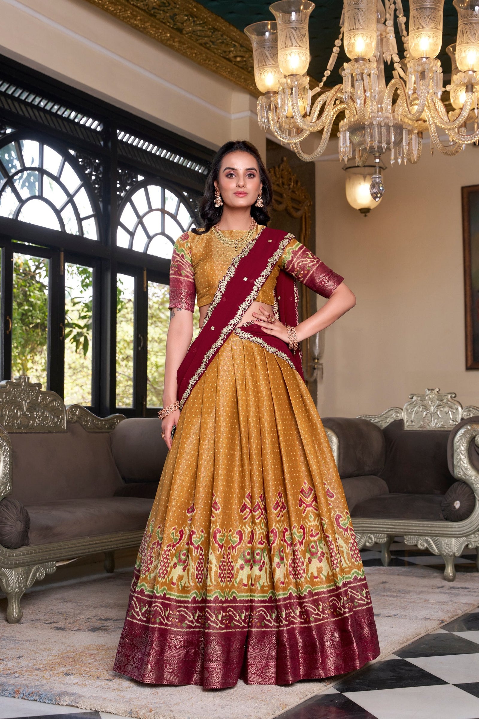 Mustard Regal Kanchipuram Zari Woven Lehenga Set with Embroidered Georgette Dupatta – Stitched Lehenga & Unstitched Blouse Clothsvilla