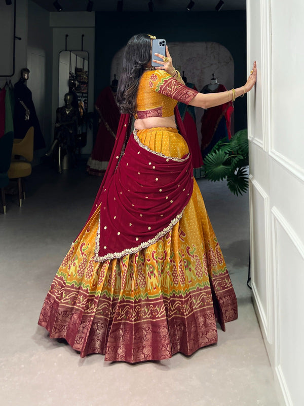 Mustard Regal Kanchipuram Zari Woven Lehenga Set with Embroidered Georgette Dupatta – Stitched Lehenga & Unstitched Blouse Clothsvilla