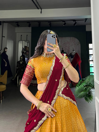Mustard Regal Kanchipuram Zari Woven Lehenga Set with Embroidered Georgette Dupatta – Stitched Lehenga & Unstitched Blouse Clothsvilla