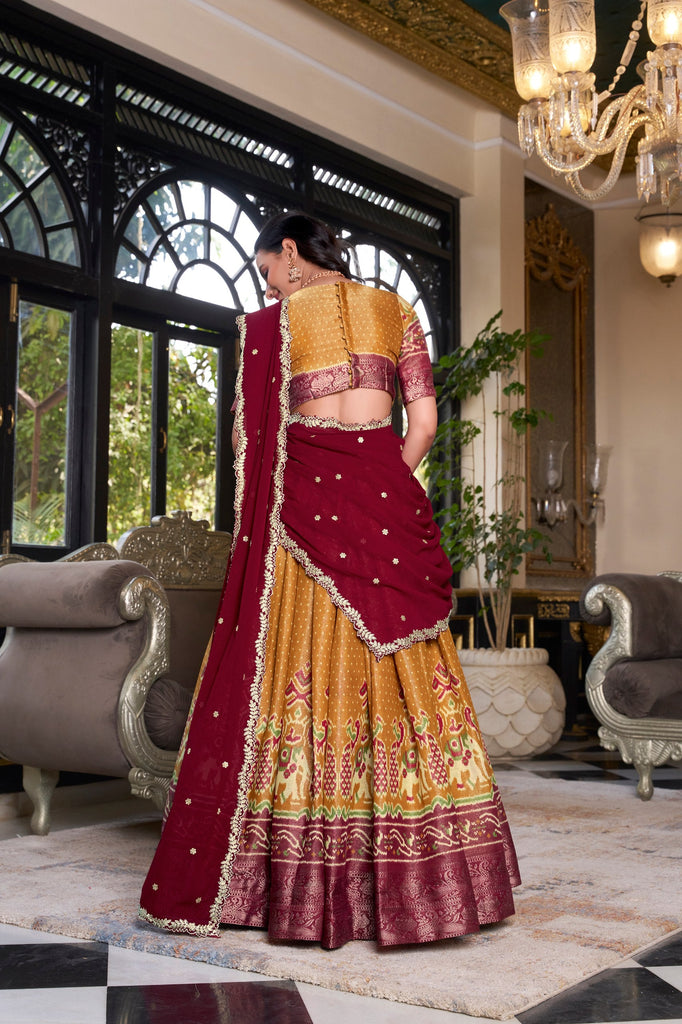 Mustard Regal Kanchipuram Zari Woven Lehenga Set with Embroidered Georgette Dupatta – Stitched Lehenga & Unstitched Blouse Clothsvilla