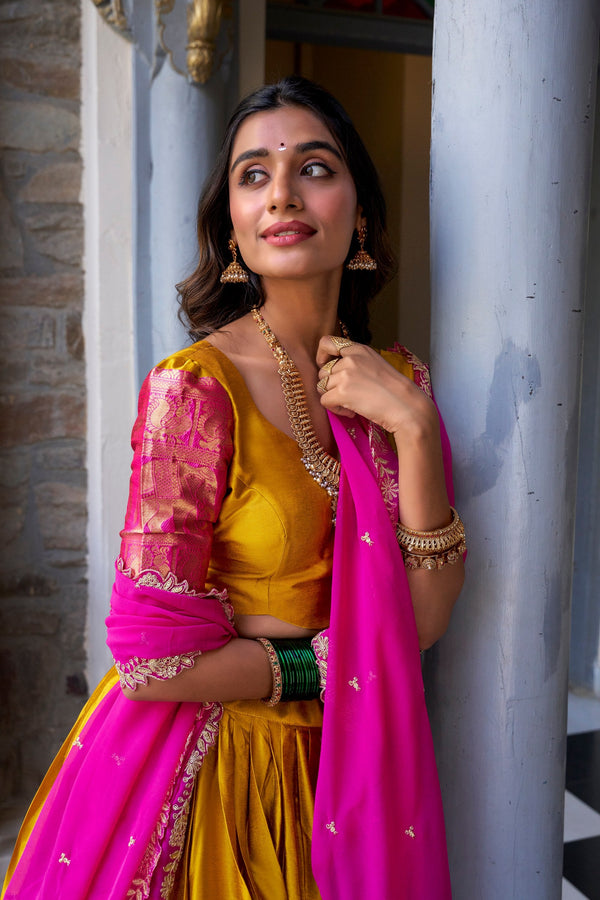 Mustard Royal Narayan Pattu Zari Weaving Lehenga Set ClothsVilla