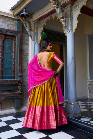 Mustard Royal Narayan Pattu Zari Weaving Lehenga Set ClothsVilla