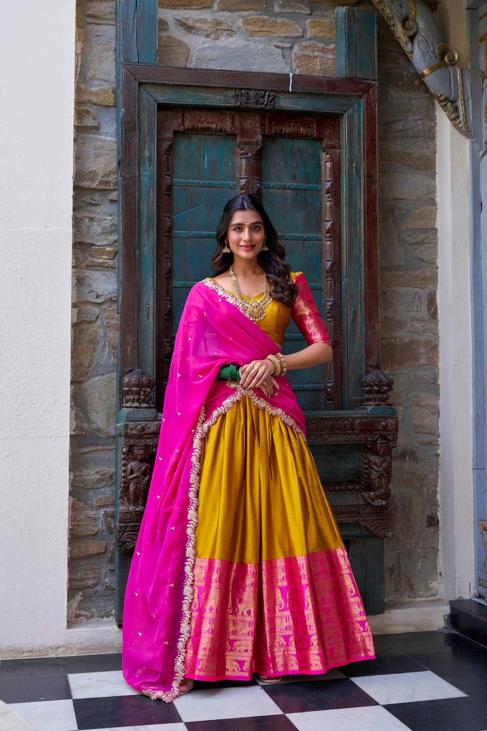 Mustard Royal Narayan Pattu Zari Weaving Lehenga Set ClothsVilla