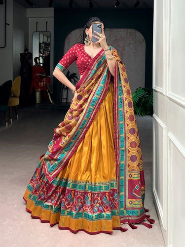 Mustard Silk Printed Lehenga Set ClothsVilla