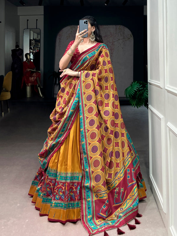 Mustard Silk Printed Lehenga Set ClothsVilla