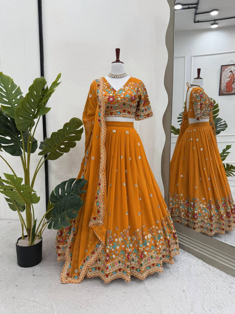Mustard Stylish Faux Georgette Lehenga Choli Set with Sequin Embroidery & Side Zip Closure – With Dupatta ClothsVilla