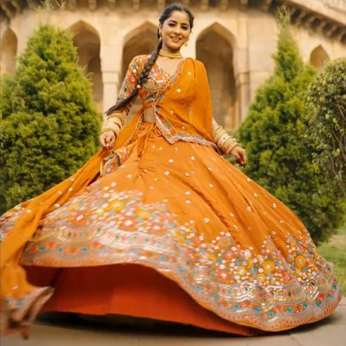 Mustard Stylish Faux Georgette Lehenga Choli Set with Sequin Embroidery & Side Zip Closure – With Dupatta ClothsVilla