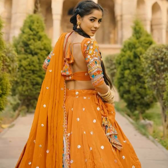 Mustard Stylish Faux Georgette Lehenga Choli Set with Sequin Embroidery & Side Zip Closure – With Dupatta ClothsVilla