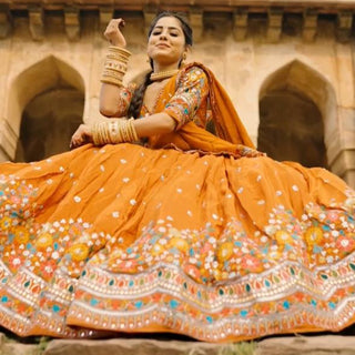 Mustard Stylish Faux Georgette Lehenga Choli Set with Sequin Embroidery & Side Zip Closure – With Dupatta ClothsVilla