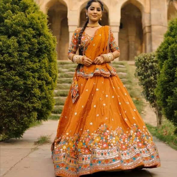 Mustard Stylish Faux Georgette Lehenga Choli Set with Sequin Embroidery & Side Zip Closure – With Dupatta ClothsVilla Main image