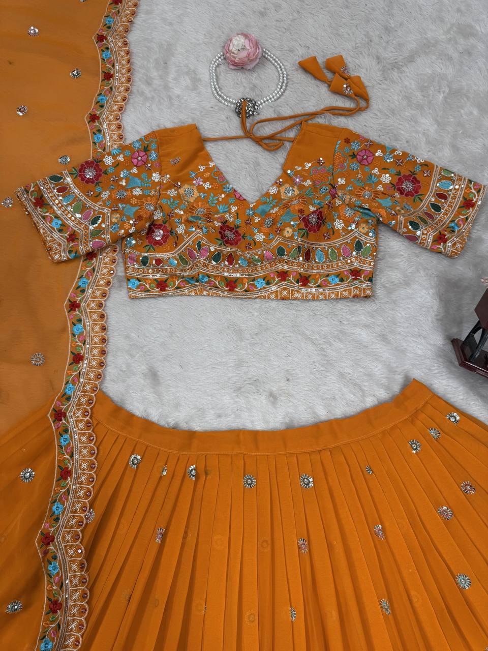 Mustard Stylish Faux Georgette Lehenga Choli Set with Sequin Embroidery & Side Zip Closure – With Dupatta ClothsVilla