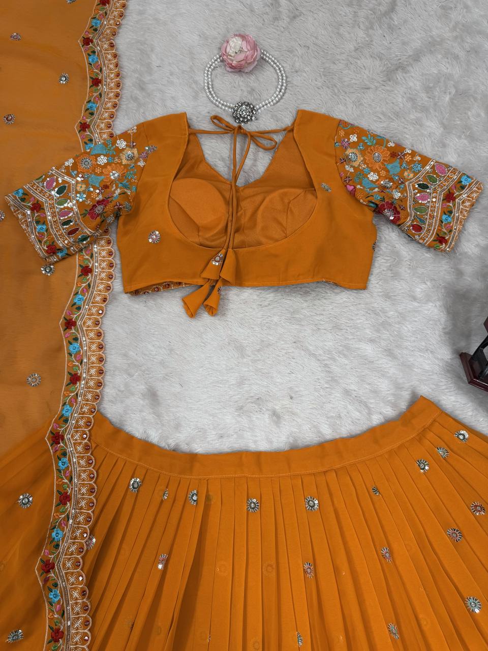 Mustard Stylish Faux Georgette Lehenga Choli Set with Sequin Embroidery & Side Zip Closure – With Dupatta ClothsVilla
